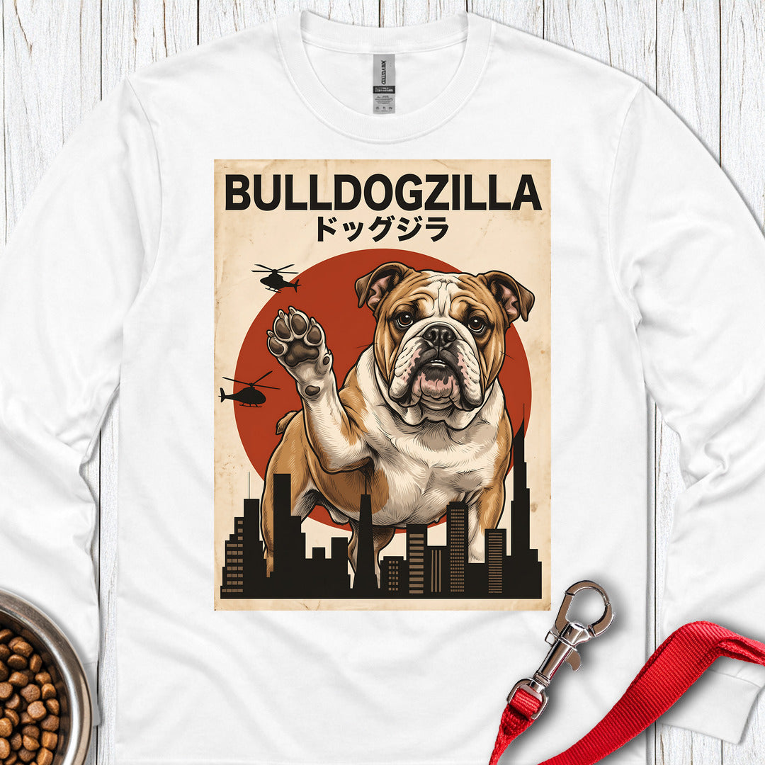 English Bulldog Bulldogzilla Long Sleeve White