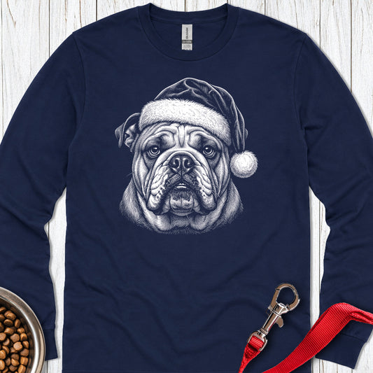English Bulldog Christmas Santa Hat Long Sleeve — Navy