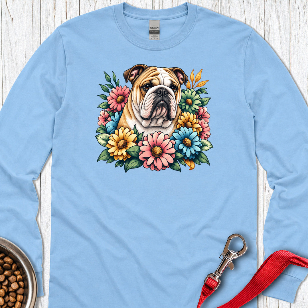 English Bulldog Flower Wreath Long Sleeve Carolina Blue