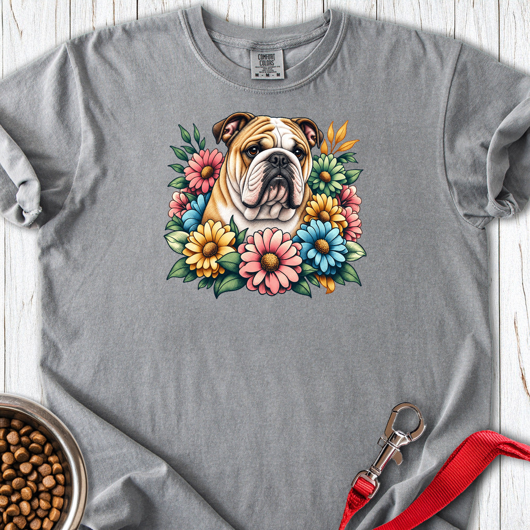 English Bulldog Flower Wreath Premium Tee Grey