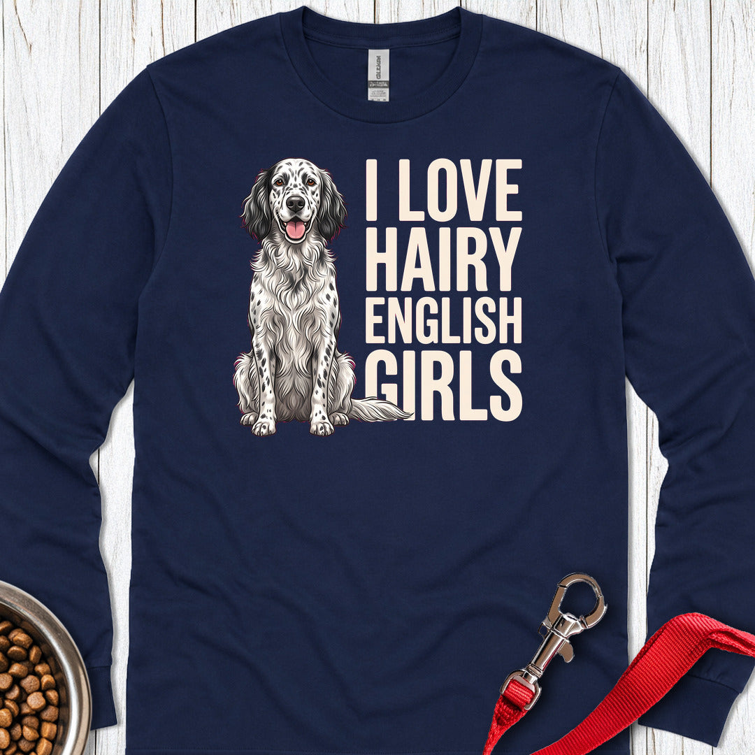 English Setter Hairy Girls Long Sleeve — Navy