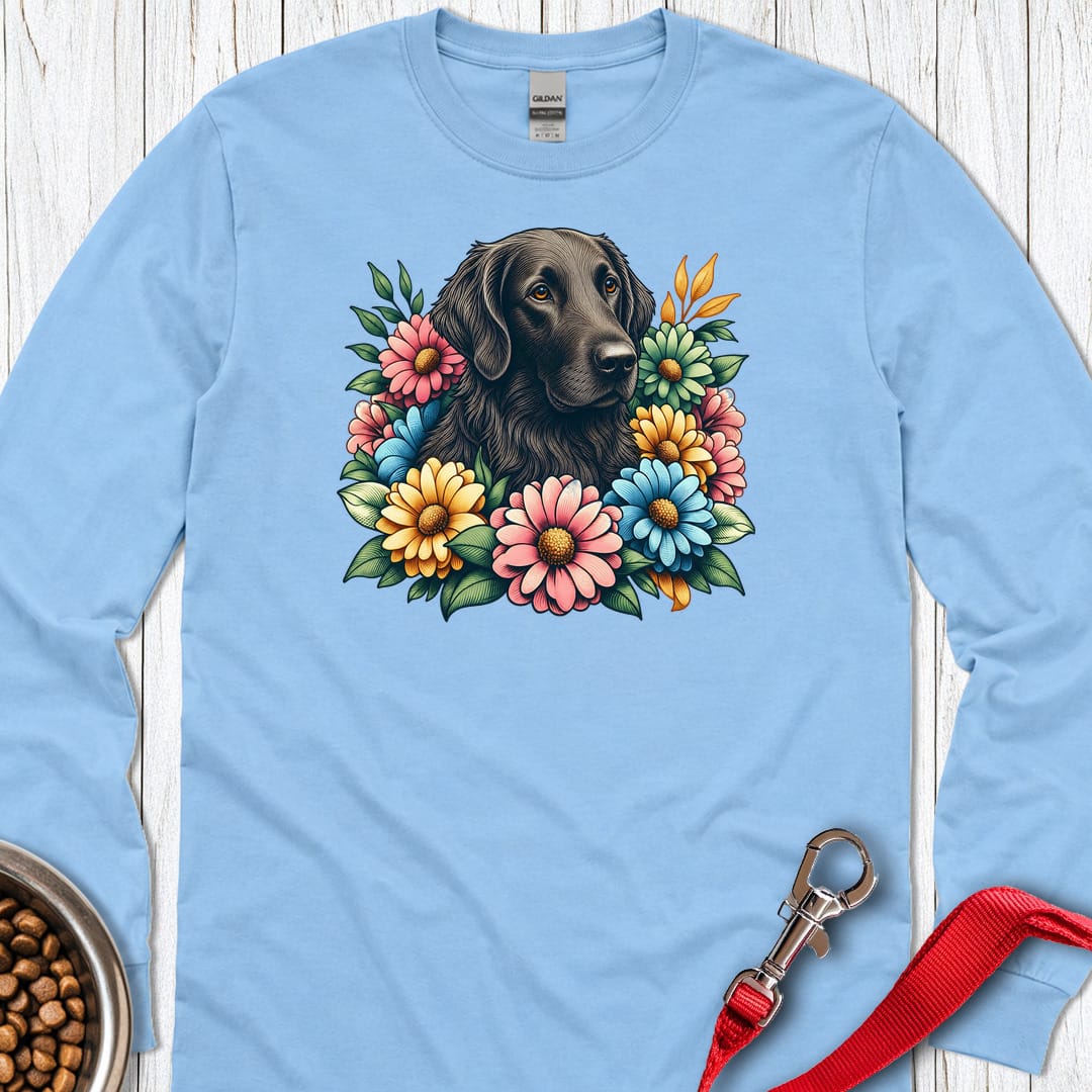 Flat Coated Retriever Flower Wreath Long Sleeve Carolina Blue