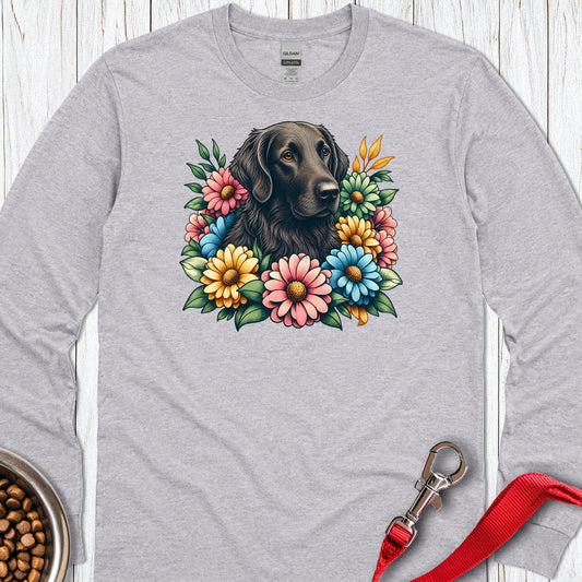 Flat Coated Retriever Flower Wreath Long Sleeve — Sport Grey