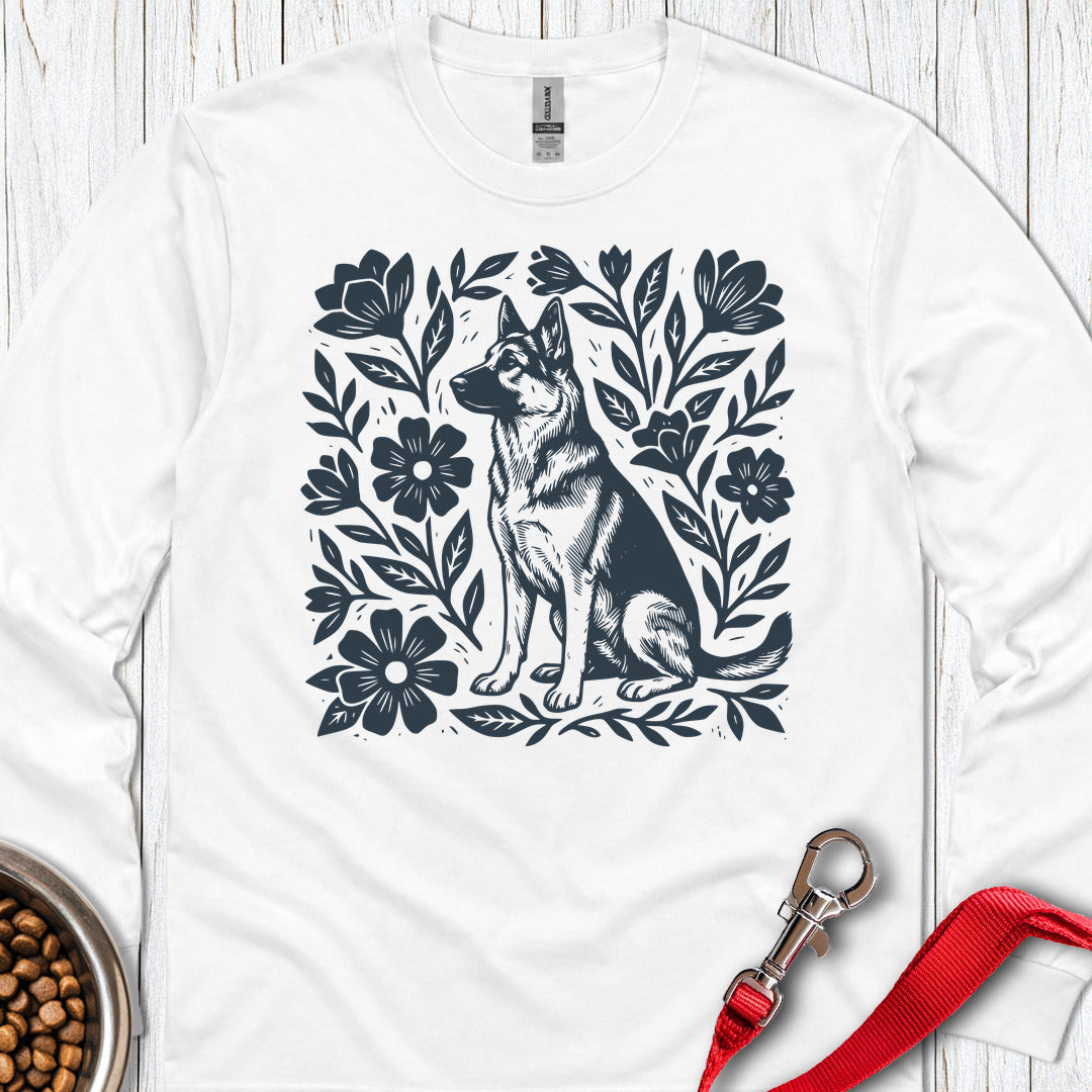 German Shepherd Linocut Long Sleeve — White