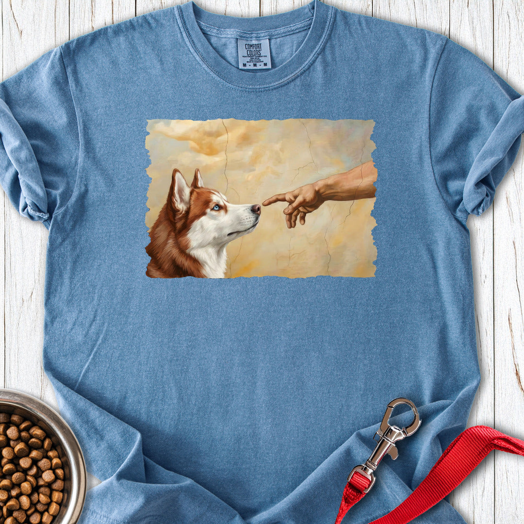 God Creates Red and White Husky Premium Tee Blue Jean