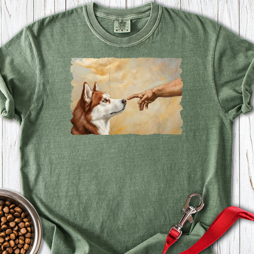 God Creates Red and White Husky Premium Tee Moss