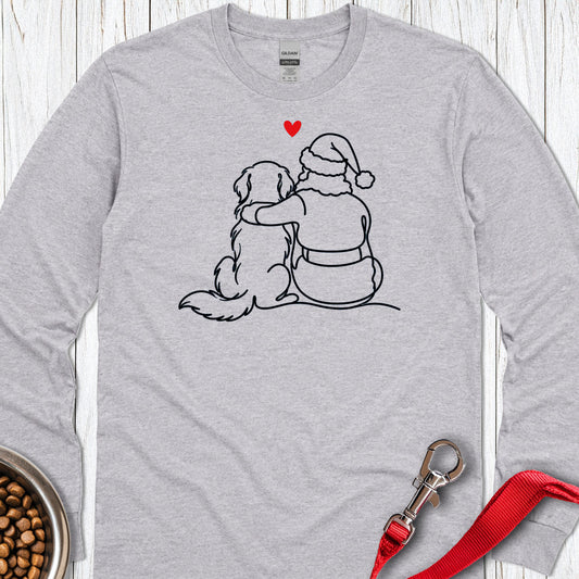Golden Retriever and Santa Line Art Long Sleeve — Sport Grey