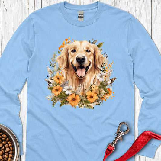 Golden Retriever Flower Watercolor Long Sleeve — Carolina Blue