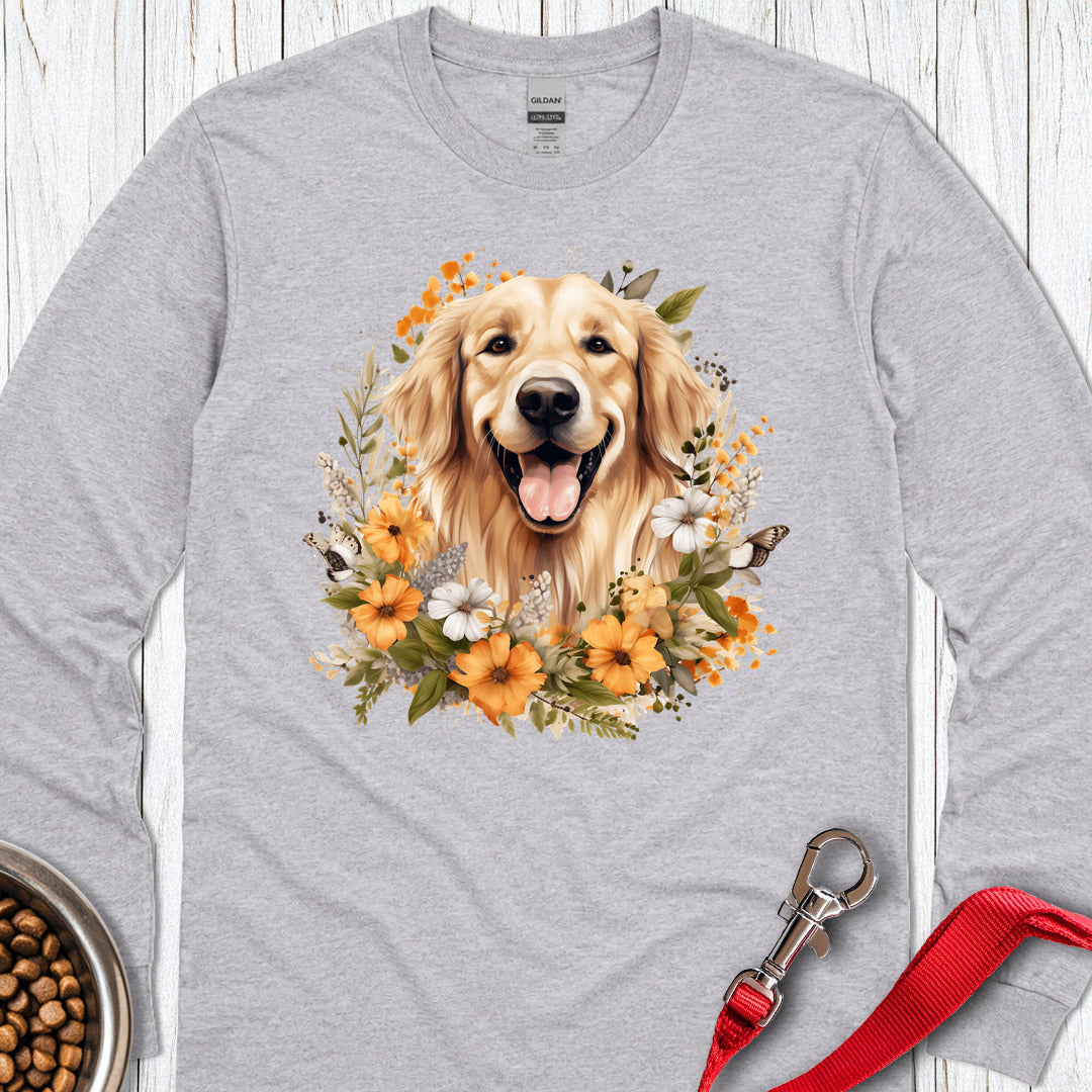 Golden Retriever Flower Watercolor Long Sleeve — Sport Grey