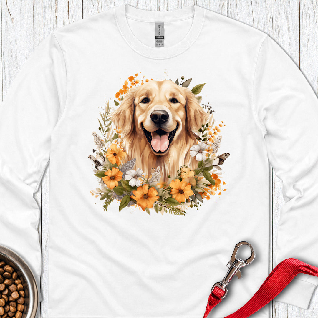 Golden Retriever Flower Watercolor Long Sleeve — White