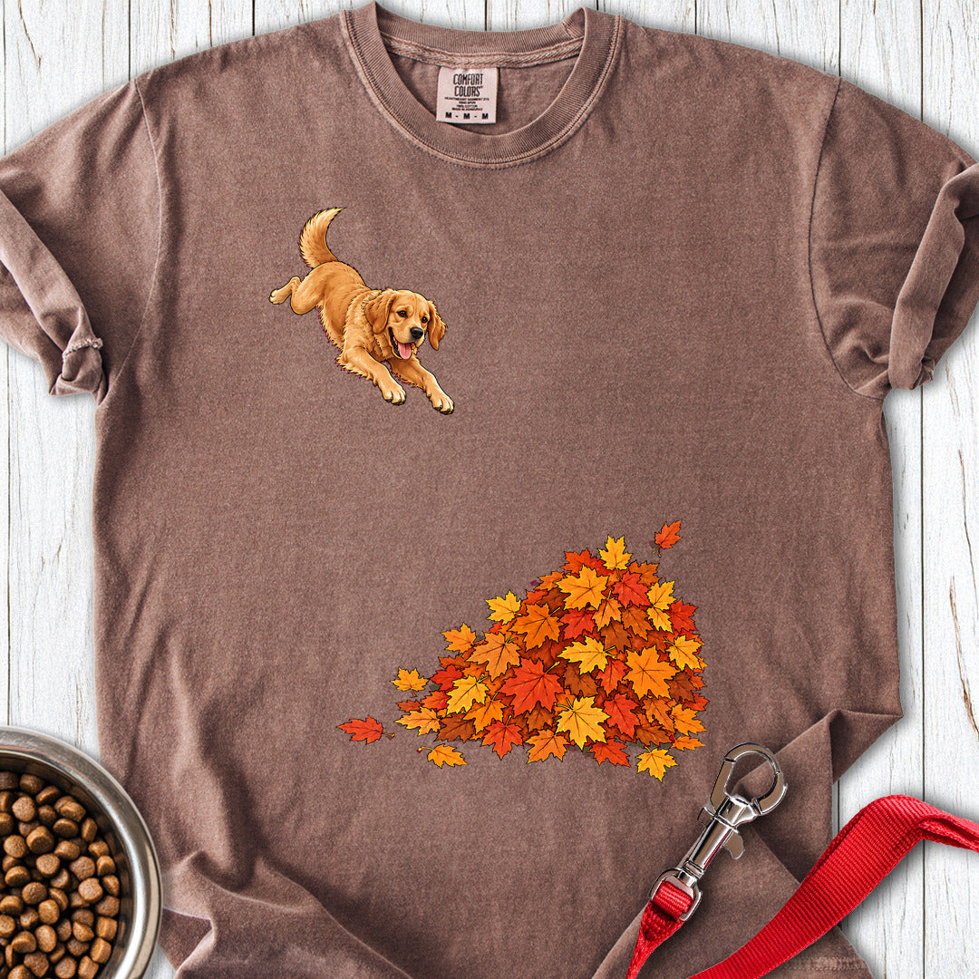Golden Retriever Leaf Pile Premium Tee — Espresso