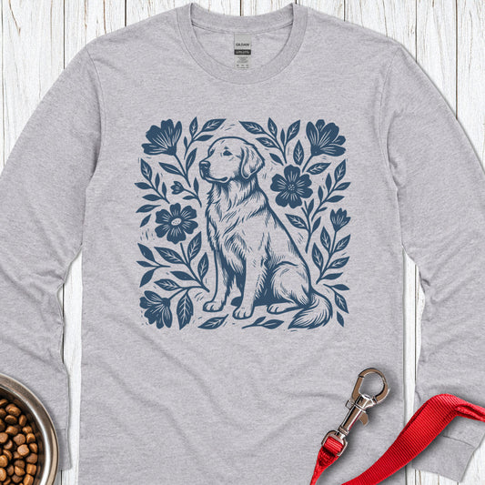 Golden Retriever Linocut Long Sleeve — Sport Grey