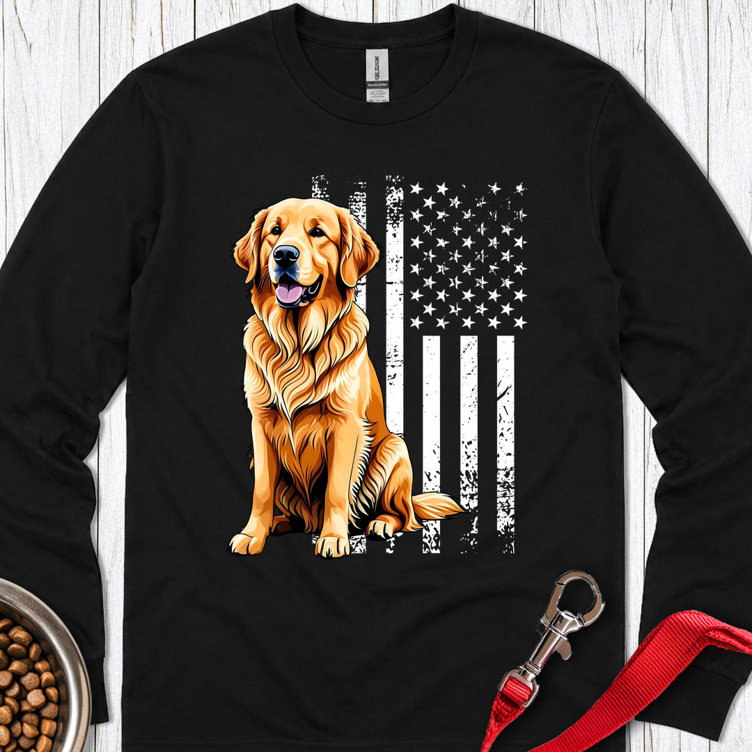 Golden Retriever USA Flag Long Sleeve Black