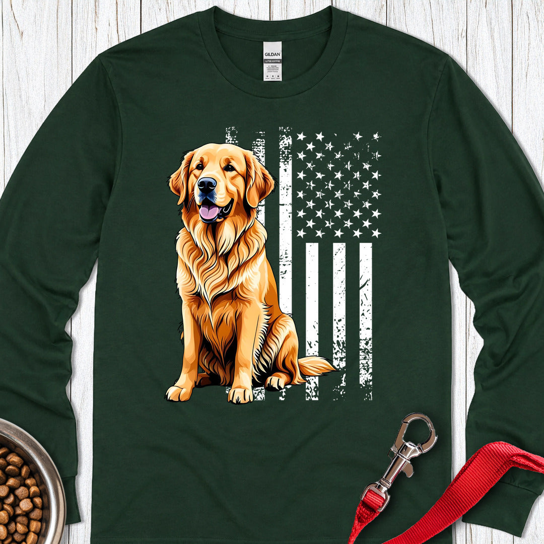 Golden Retriever USA Flag Long Sleeve Forest Green
