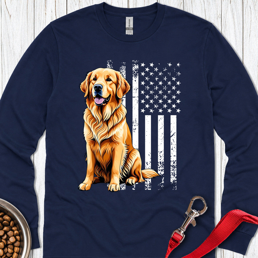 Golden Retriever USA Flag Long Sleeve Navy