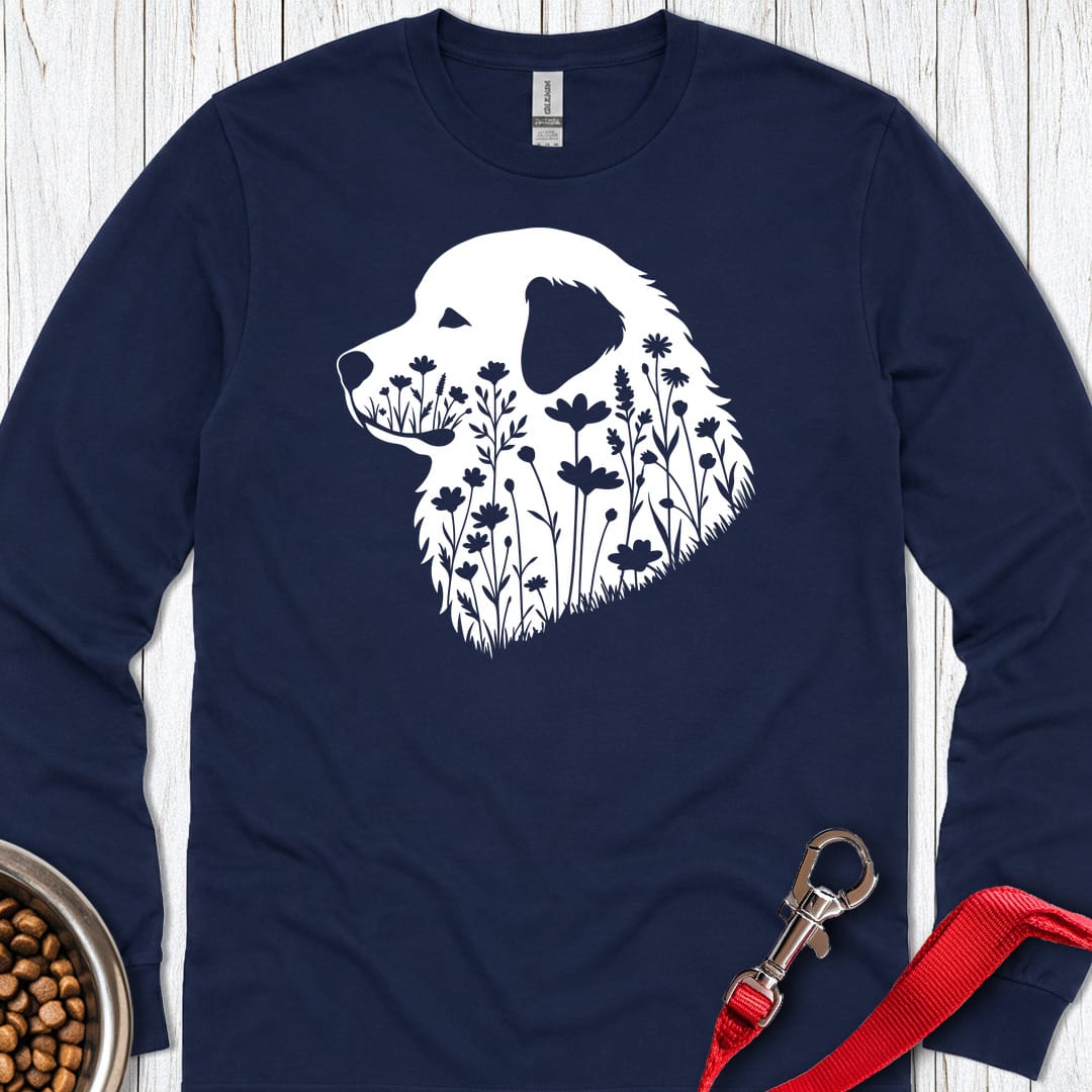 Great Pyrenees Flower Wreath Long Sleeve — Navy