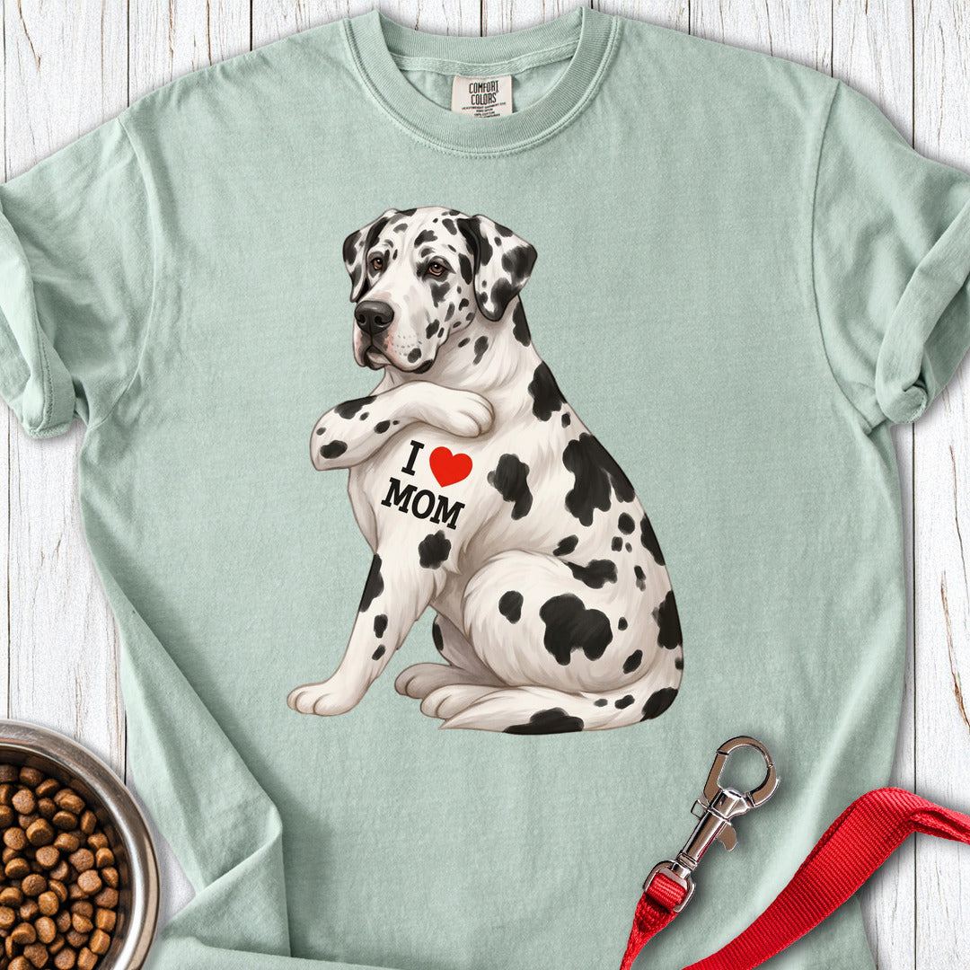 Harlequin Great Dane I Love Mom Premium Tee — Bay