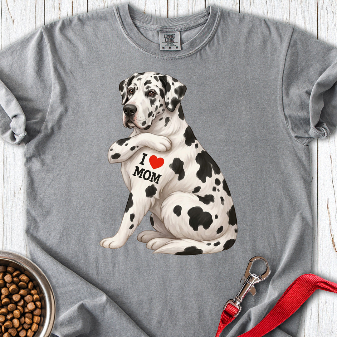 Harlequin Great Dane I Love Mom Premium Tee — Grey