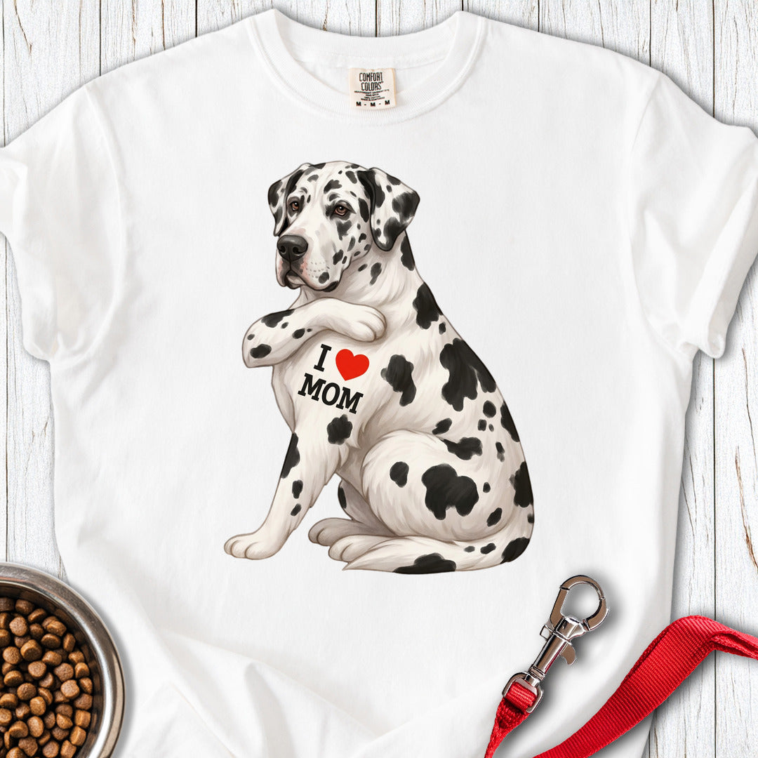 Harlequin Great Dane I Love Mom Premium Tee — White