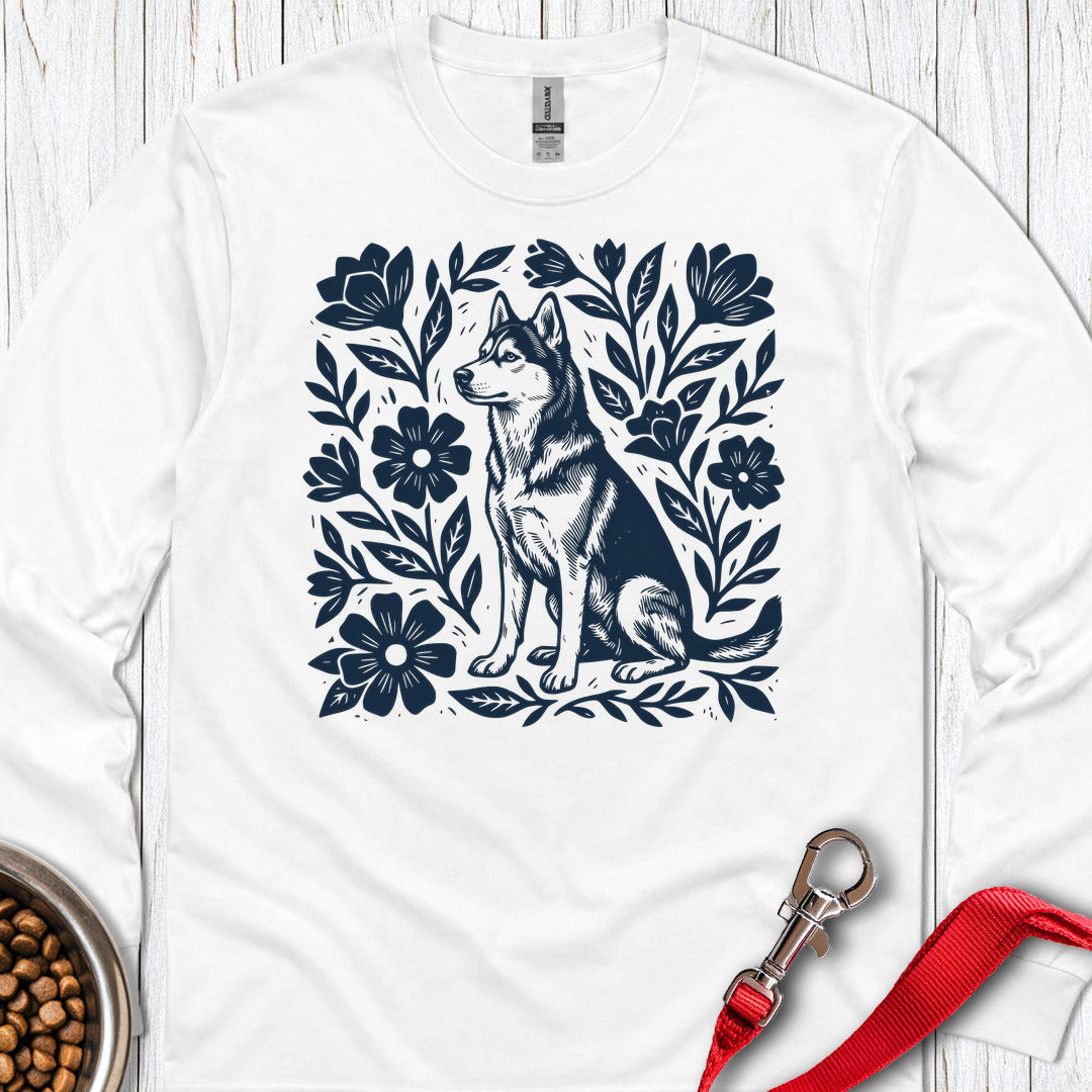 Husky Linocut Long Sleeve — White