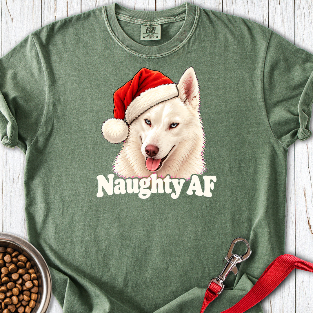 husky naughty Ondeugende Husky Met Kerstmuts Premium Tee — Moss