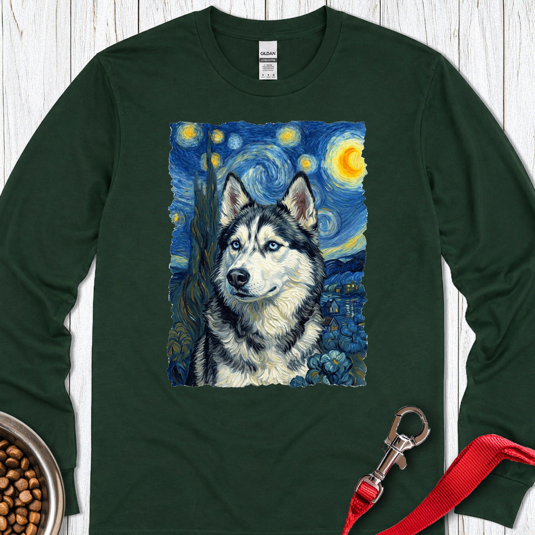 Husky Portrait Van Gogh Long Sleeve — Forest Green