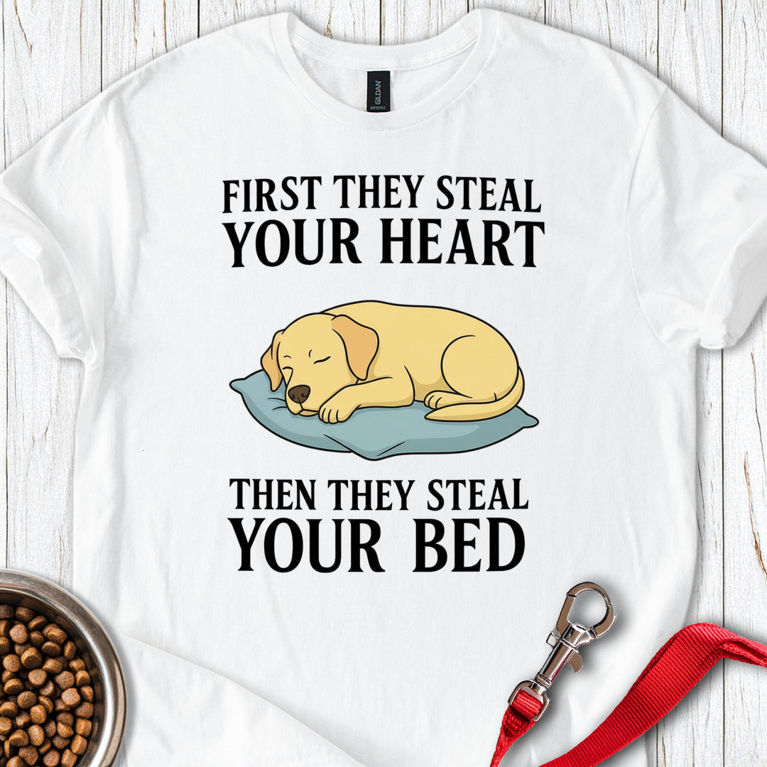 Labrador Stealing Bed White
