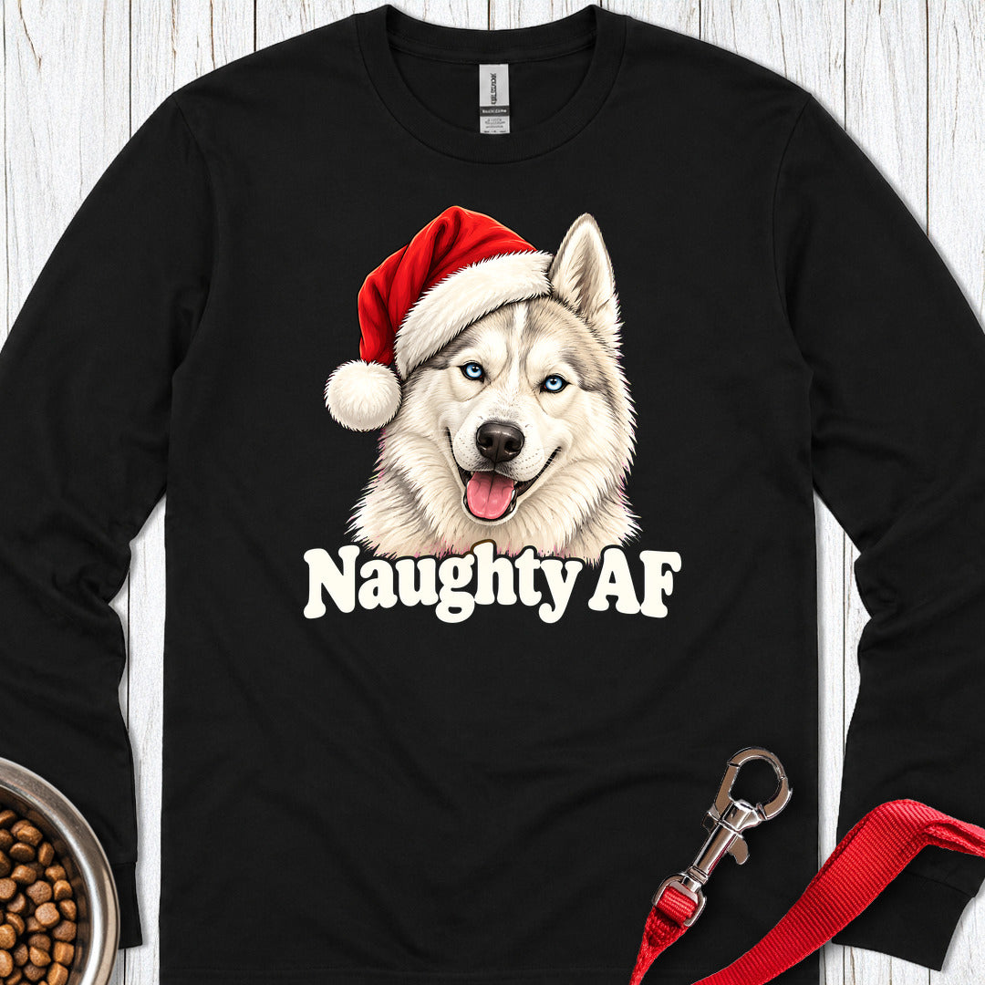 Naughty White Siberian Husky Christmas Long Sleeve — Black