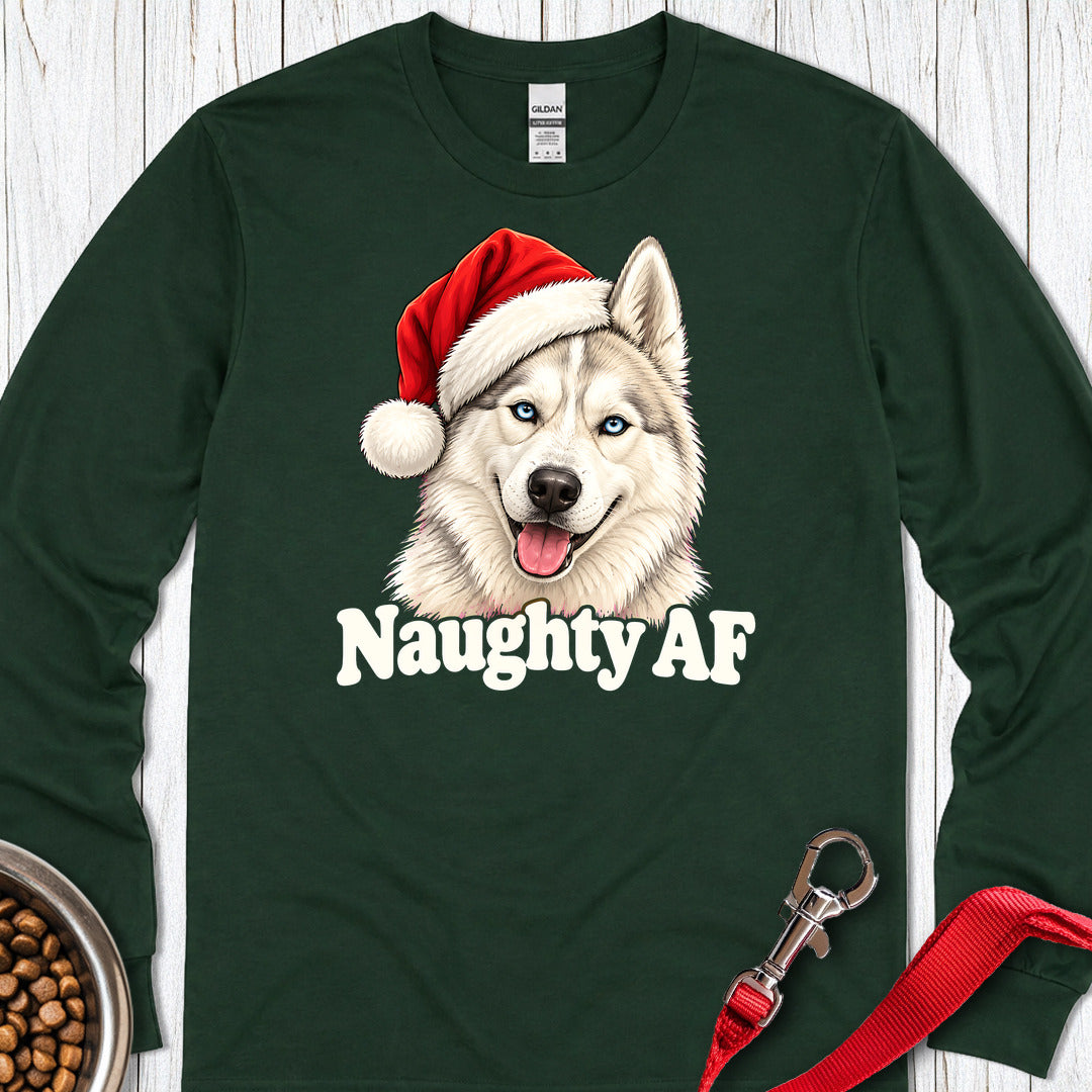 Naughty White Siberian Husky Christmas Long Sleeve — Forest Green