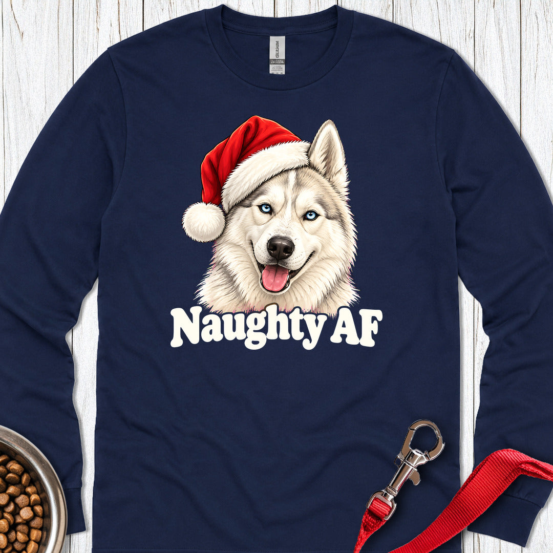 Naughty White Siberian Husky Christmas Long Sleeve — Navy