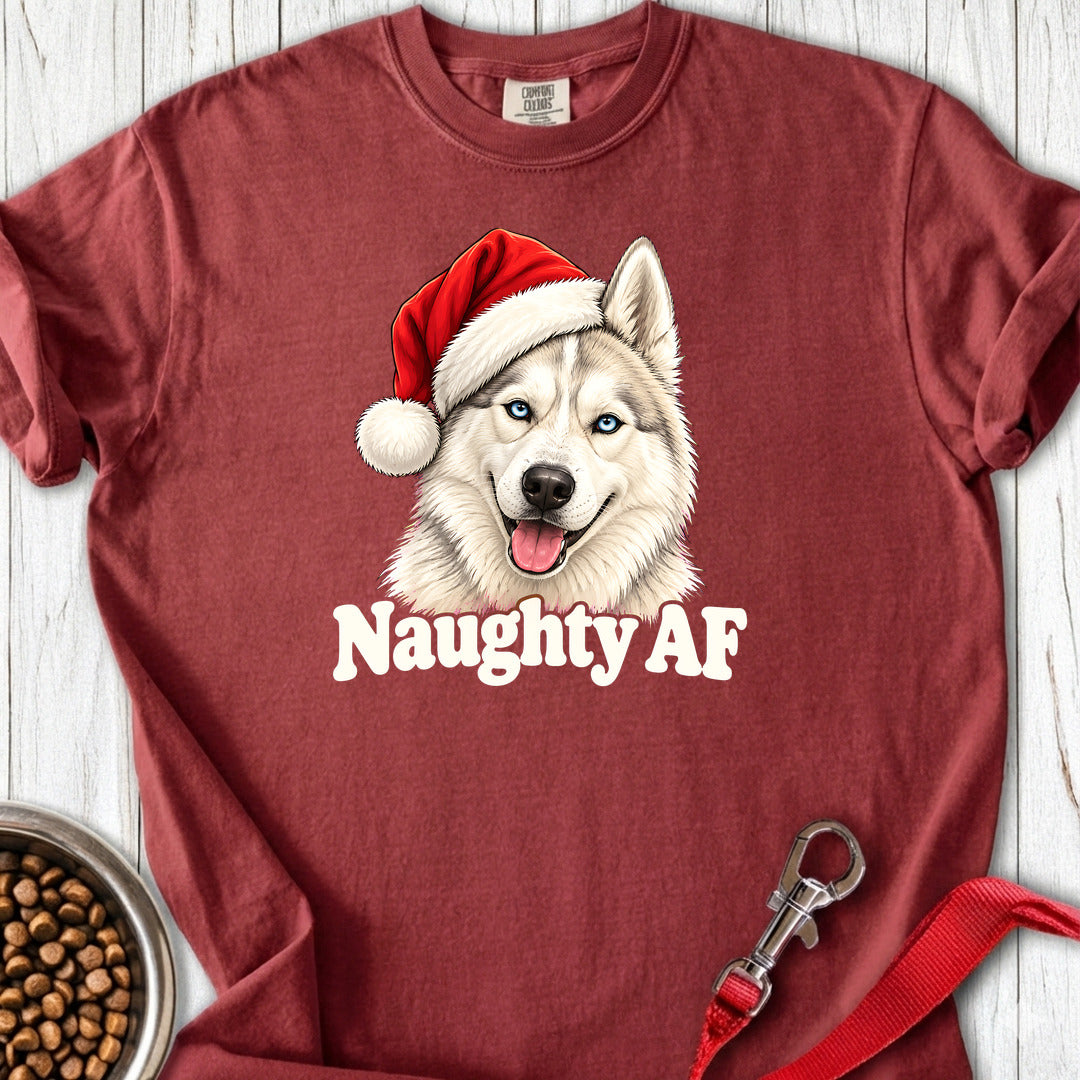 Naughty White Siberian Husky Christmas Premium Tee — Brick