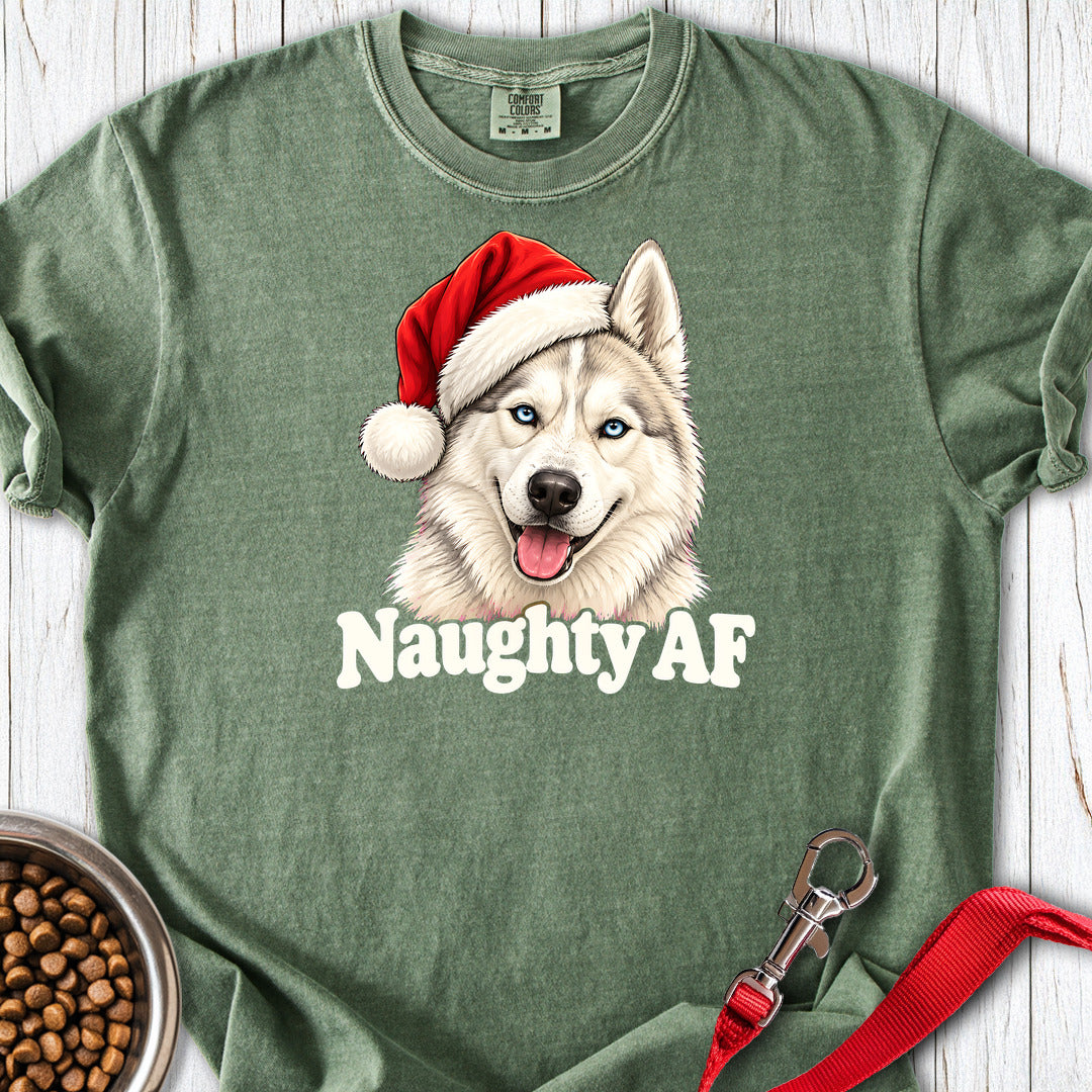 Naughty White Siberian Husky Christmas Premium Tee — Moss