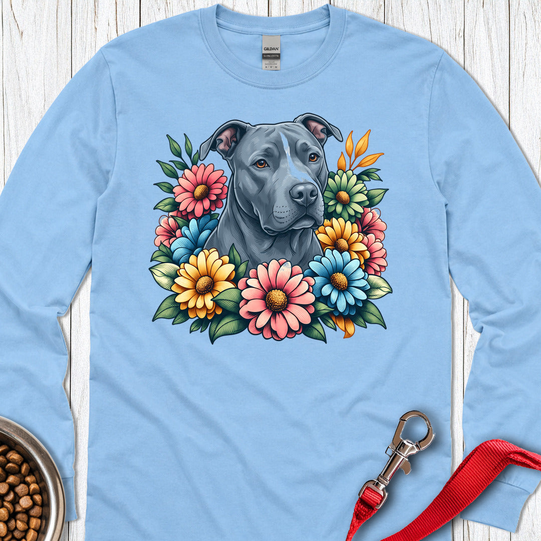 Pitbull Blue Flower Wreath Long Sleeve — Carolina Blue