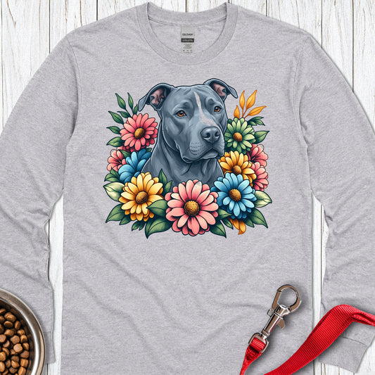 Pitbull Blue Flower Wreath Long Sleeve — Sport Grey