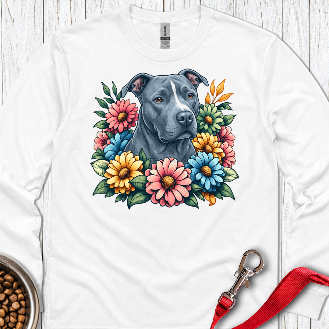 Pitbull Blue Flower Wreath Long Sleeve — White