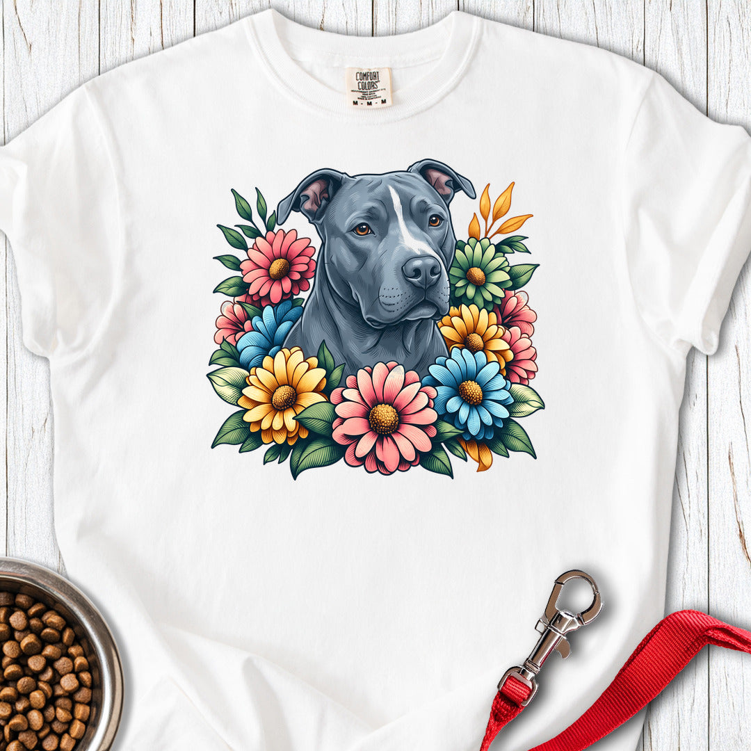 Pitbull Blue Flower Wreath Premium Tee — White