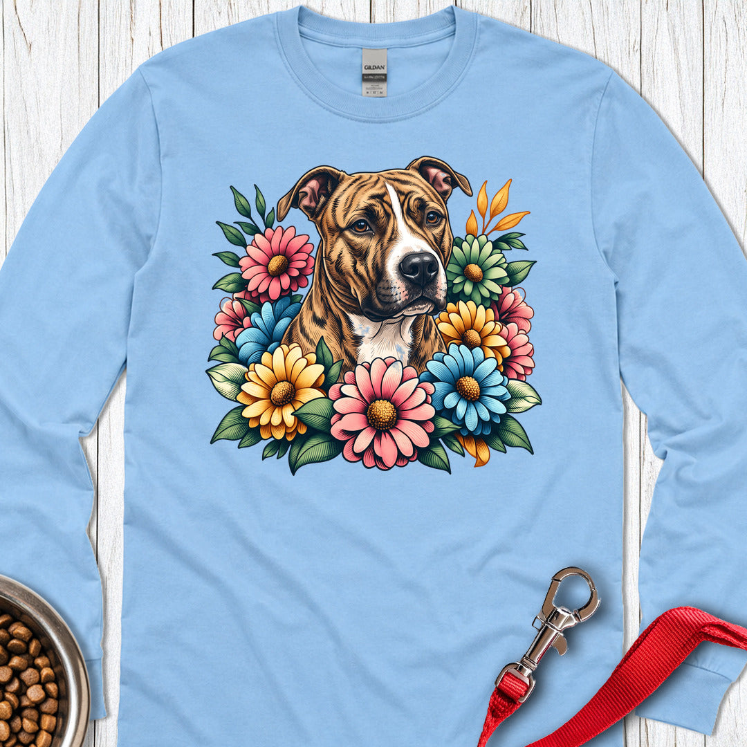 Pitbull Brindle Flower Wreath Long Sleeve — Carolina Blue