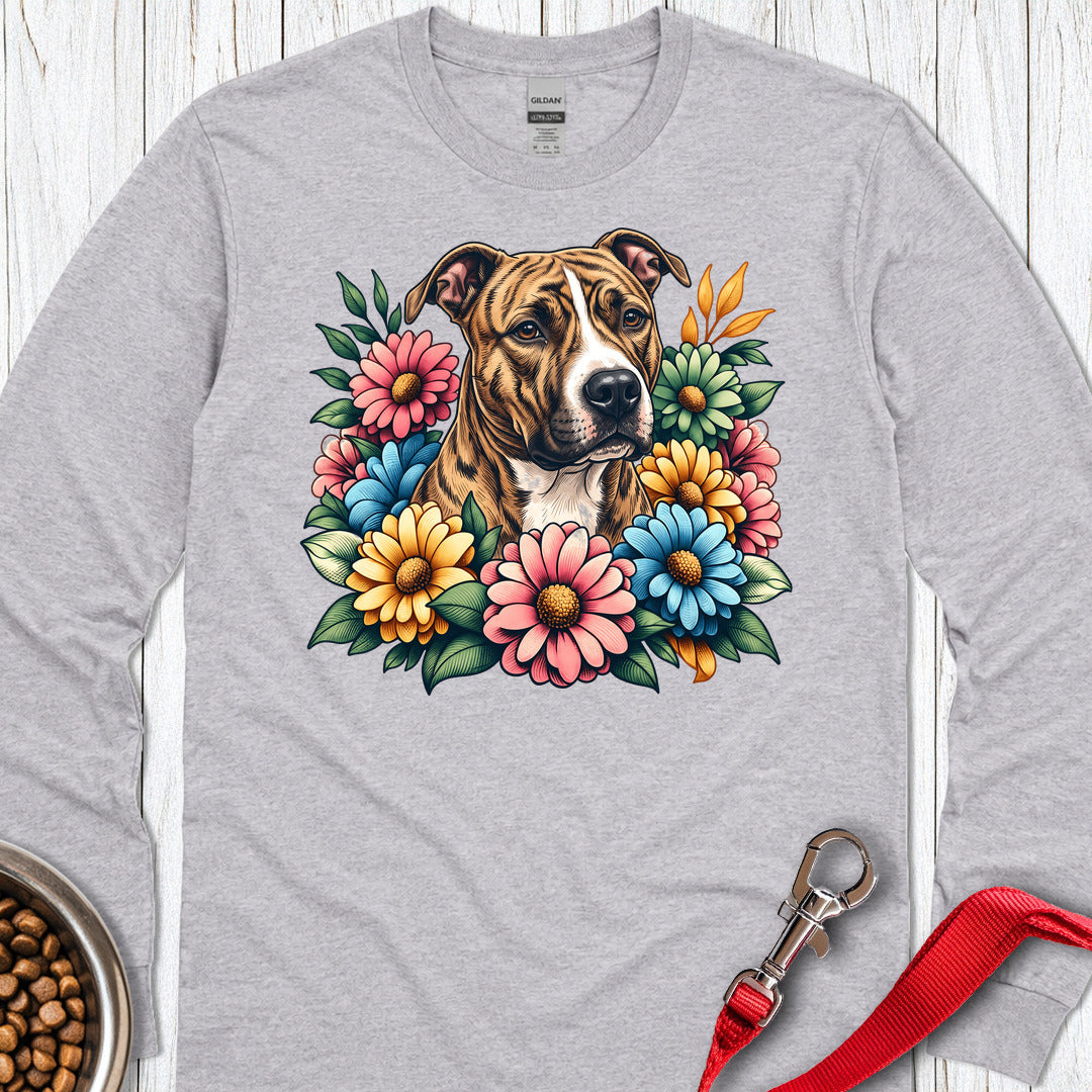 Pitbull Brindle Flower Wreath Long Sleeve — Sport Grey