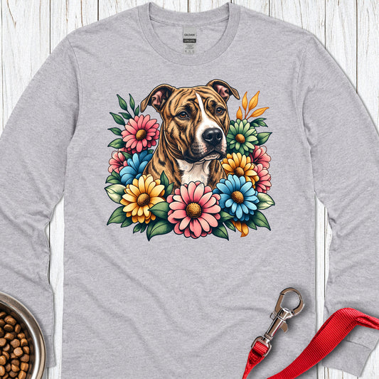 Pitbull Brindle Flower Wreath Long Sleeve — Sport Grey