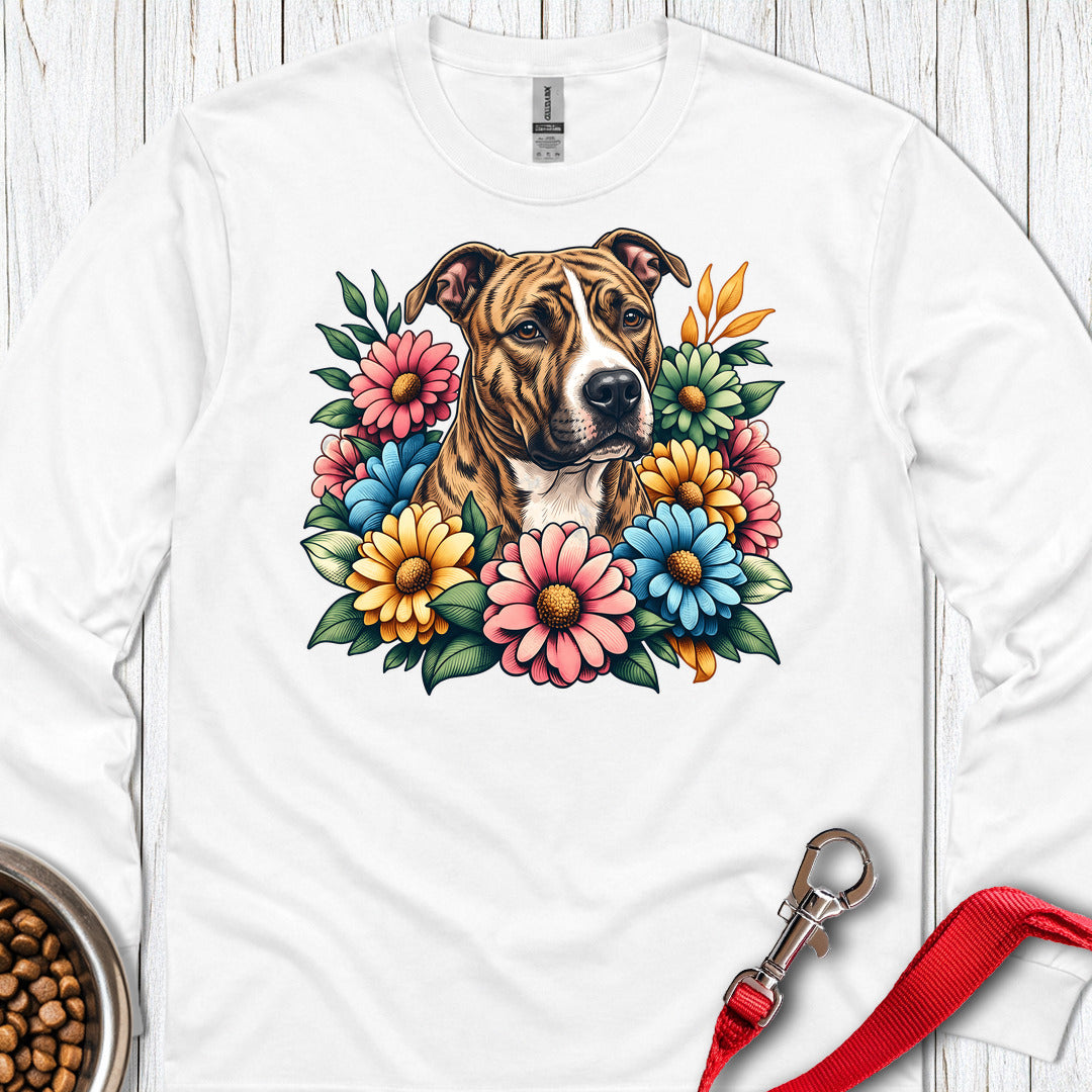 Pitbull Brindle Flower Wreath Long Sleeve — White