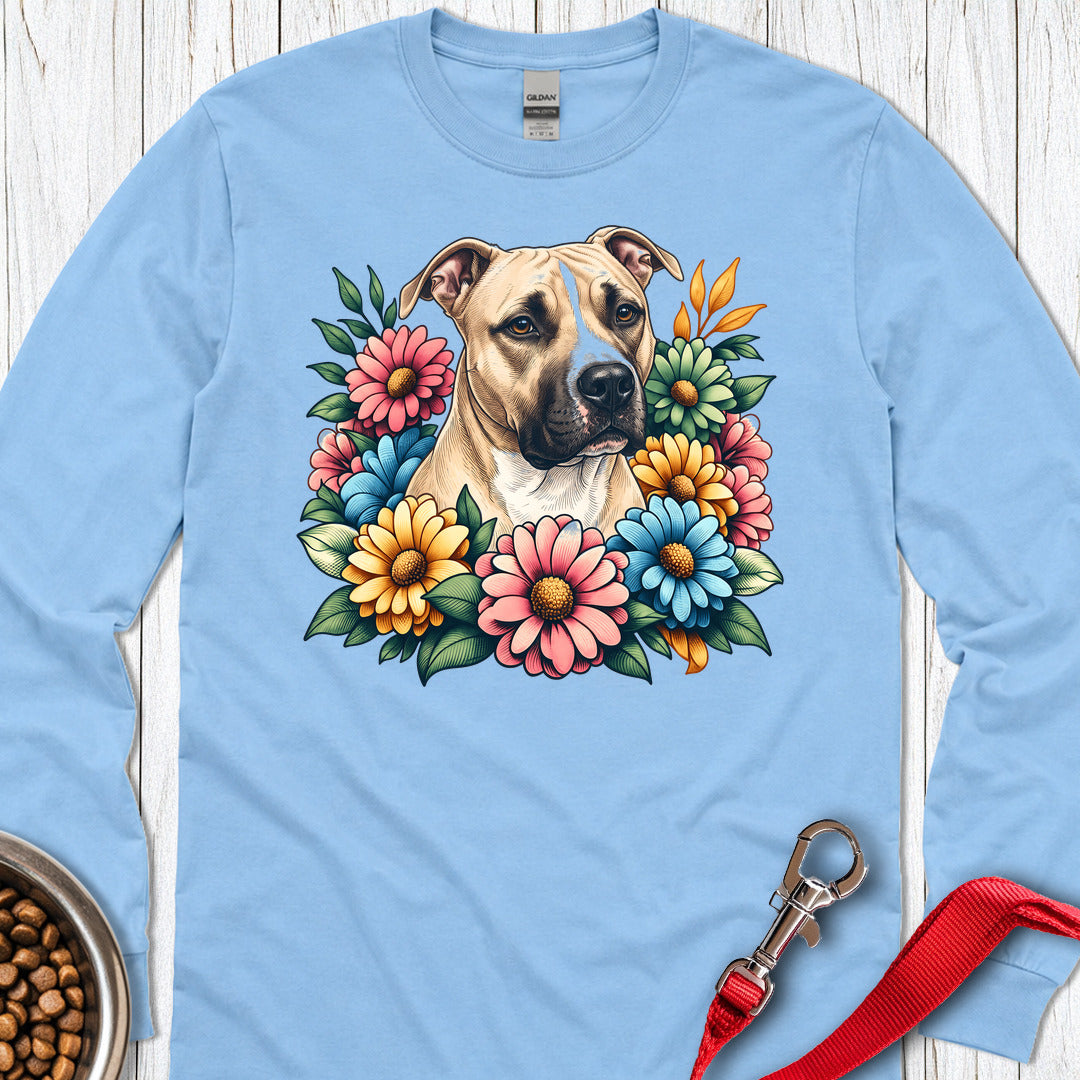 Pitbull Fawn Flower Wreath Long Sleeve — Carolina Blue