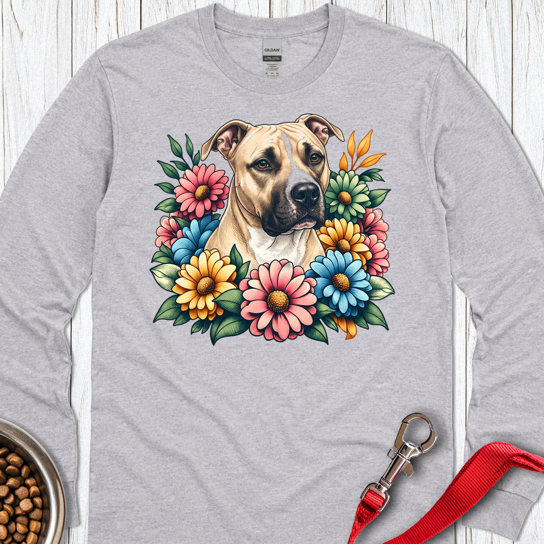 Pitbull Fawn Flower Wreath Long Sleeve — Sport Grey