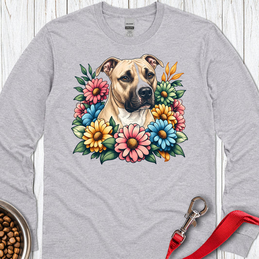 Pitbull Fawn Flower Wreath Long Sleeve — Sport Grey