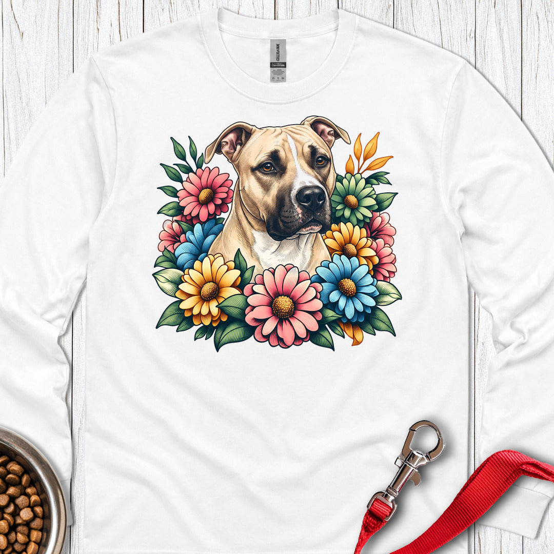 Pitbull Fawn Flower Wreath Long Sleeve — White