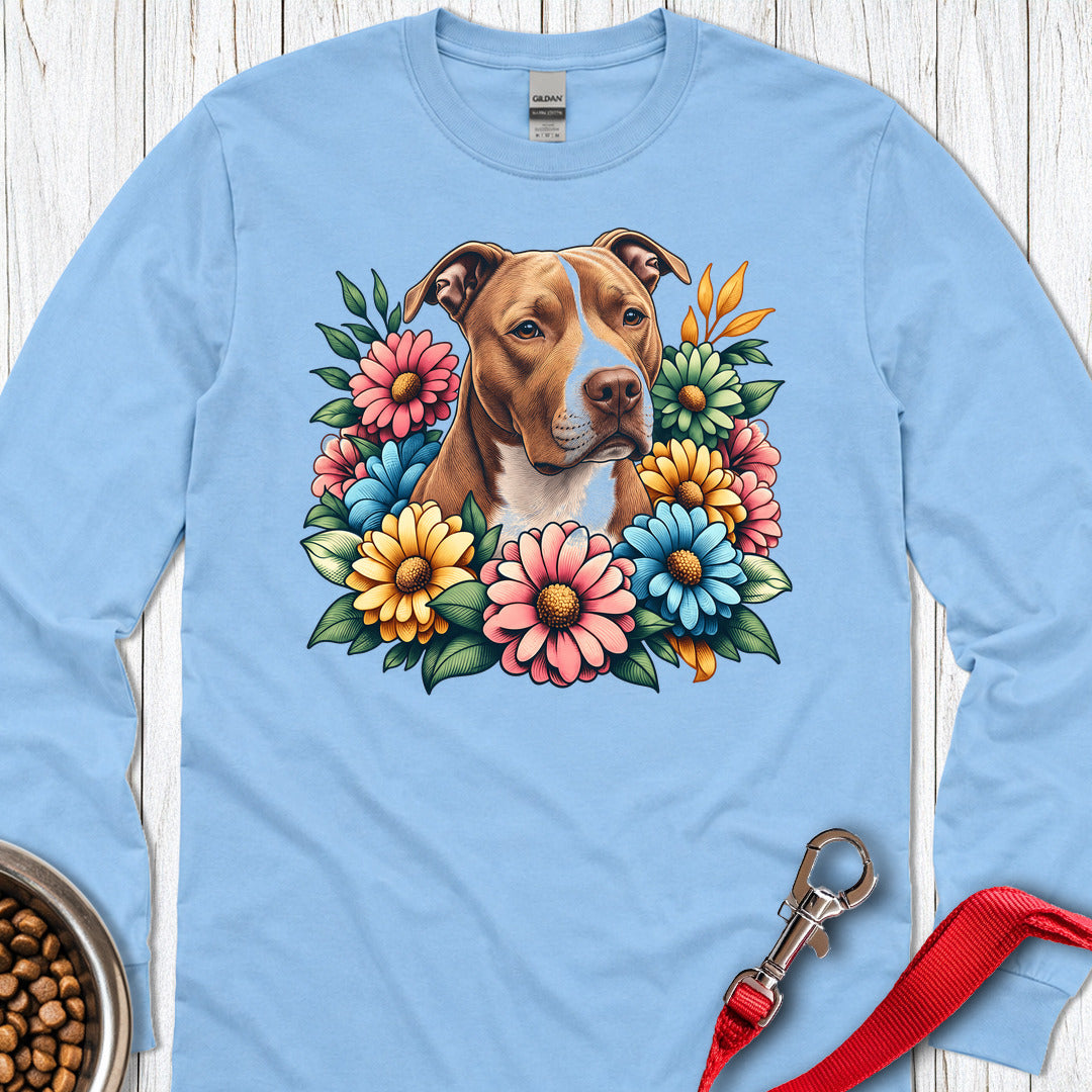 Pitbull Red Nose Flower Wreath Long Sleeve — Carolina Blue
