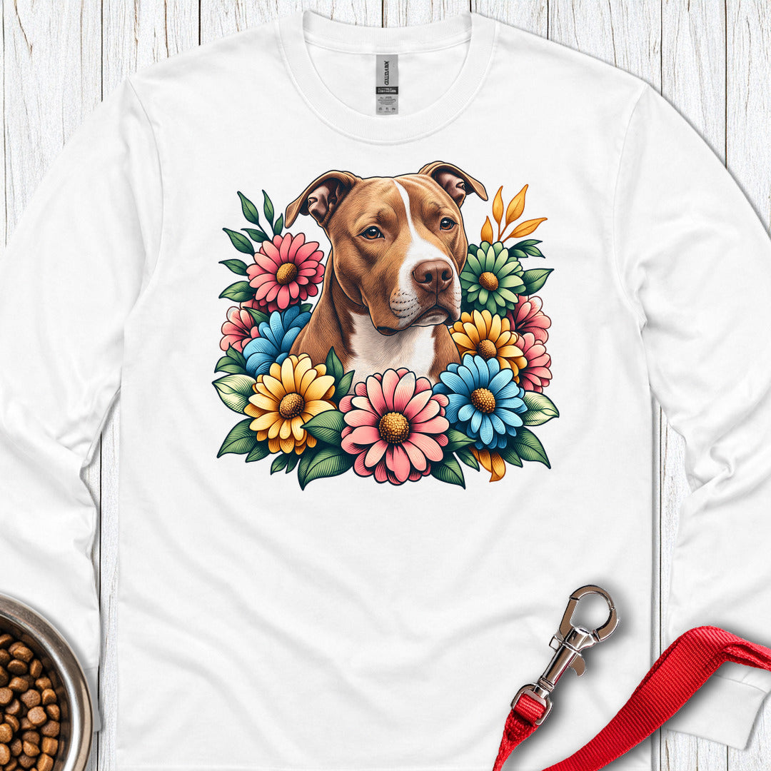 Pitbull Red Nose Flower Wreath Long Sleeve — White