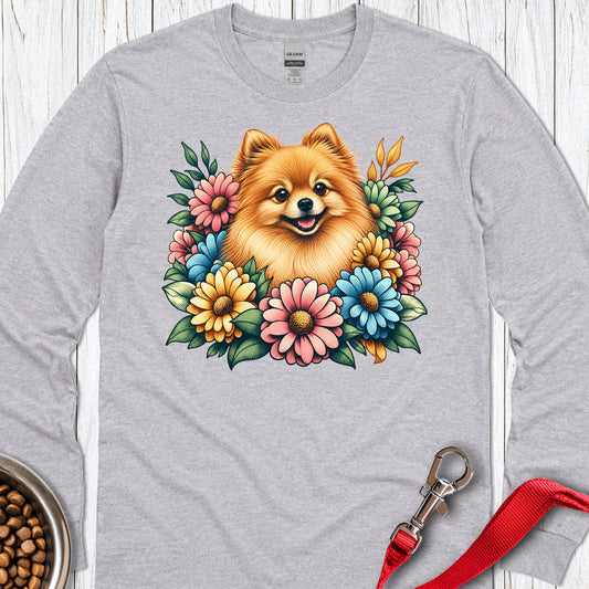 Pomeranian Flower Wreath Long Sleeve — Sport Grey