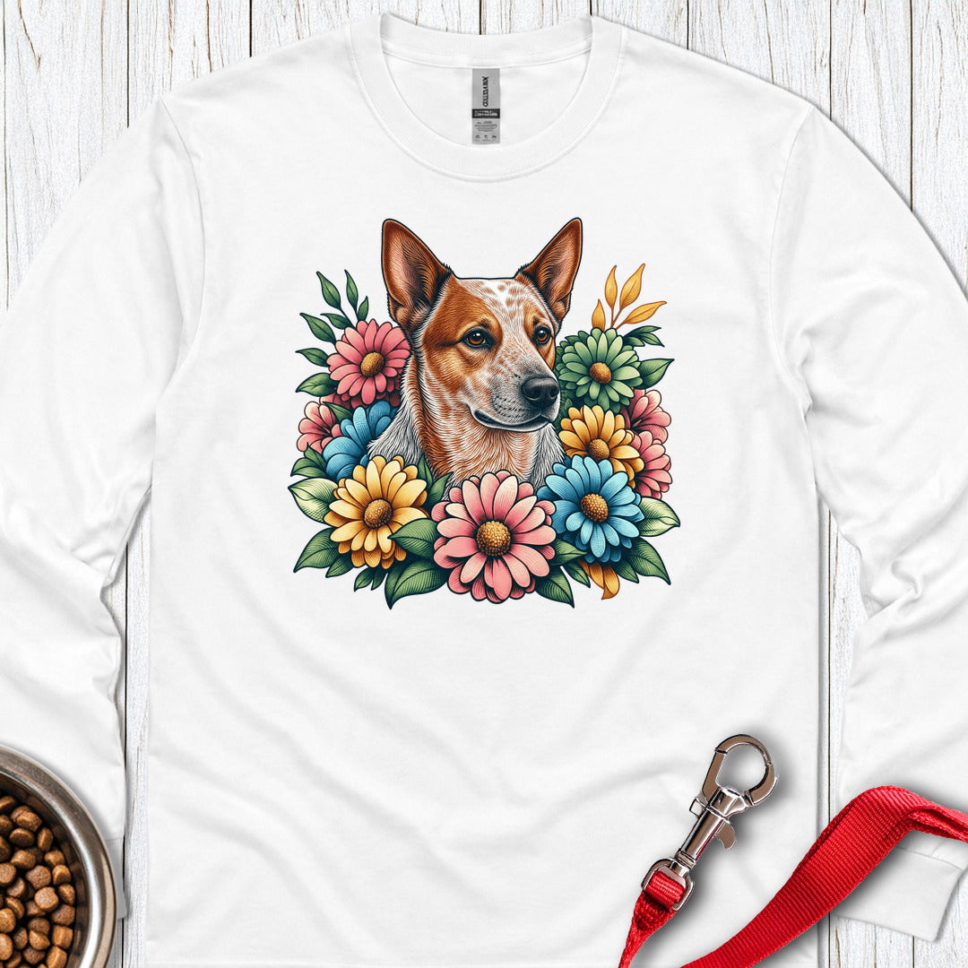Red Heeler Floral Long Sleeve — White