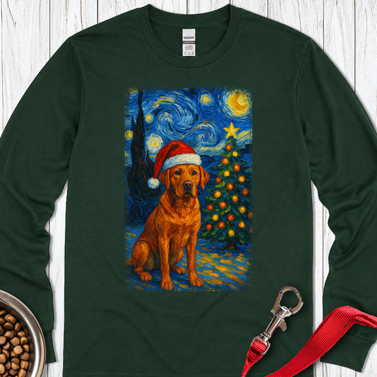 Red Labrador Christmas Van Gogh Long Sleeve Forest Green