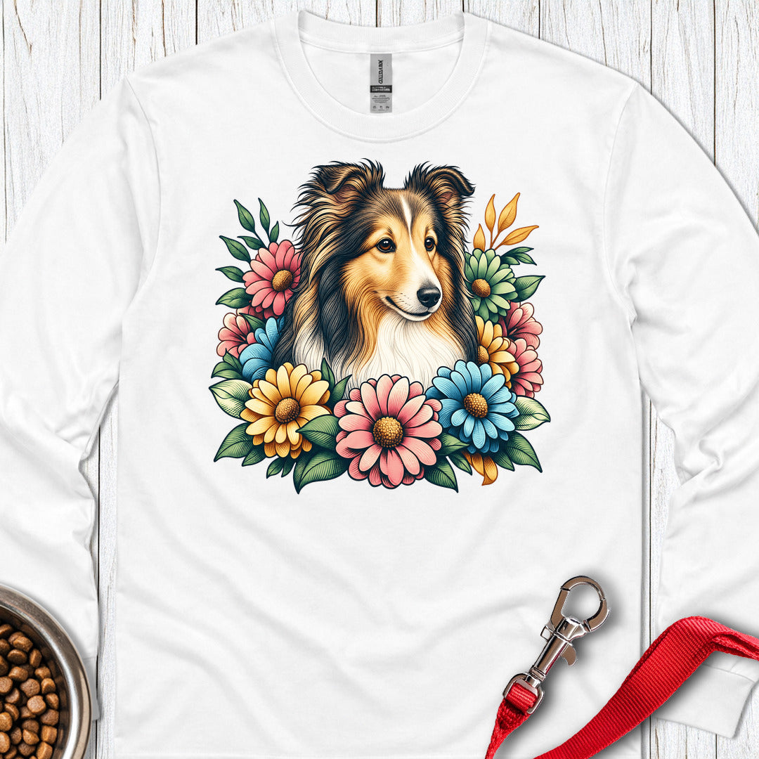 Shetland Sheepdog Flower Wreath Long Sleeve — White